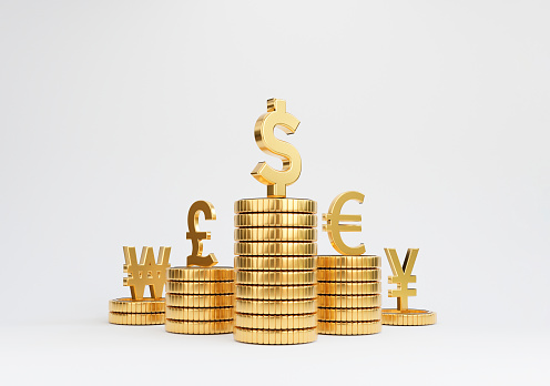 Isolate of main currency on golden coin stacking include dollar euro pound sterling yen yuan and won on white background for currency exchange concept by 3d rendering.