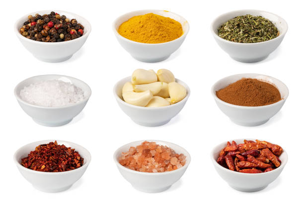 set of Bowl with spices on white background