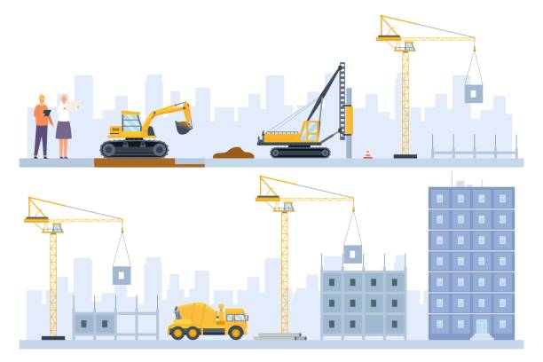 Flat houses construction process stages with building machinery. Engineers, excavator and crane build. Real estate industry vector concept vector art illustration