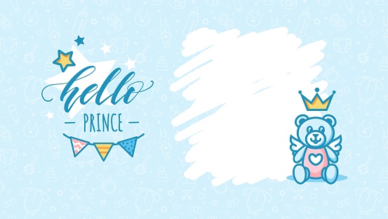 Hello little prince vector poster with typographic composition, teddy toy and bunting flags. Baby Shower Blue Background. Baby Arrival Cartoon Vector Illustration with Copy Space