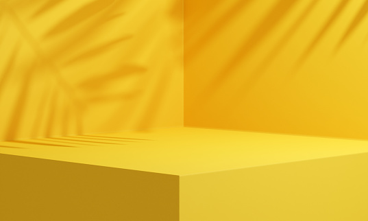 Habitación interior de estudio de fondo amarillo con sombra de palmera tropical. Maqueta minimalista de la plataforma de escenario de producto de verano. Renderizado 3d de espacio vacío cuadrado con sombra de planta para colocación de productos. photo