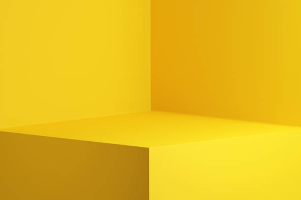 istock Yellow background studio interior room. Minimalist product stage platform mockup. 3d render of square empty space for product placement. 1361514049