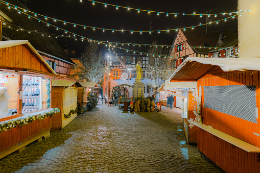 Christmas market at night in Alsace region, France