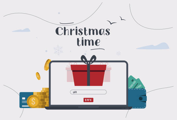 istock Christmas time. Search gifts in screen laptop, PC. Vector 1361516403