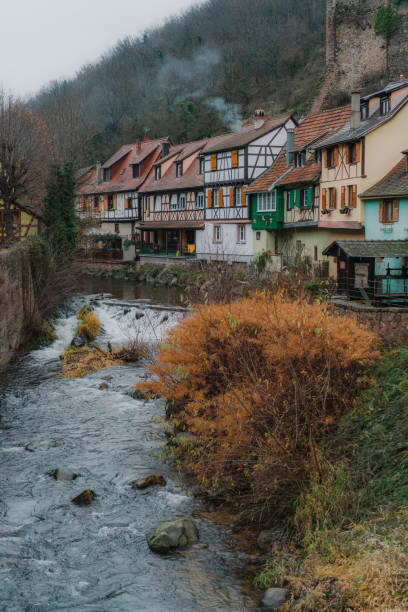 Scenic view of Christmas market and  Alsace region decorated for  Christmas at night