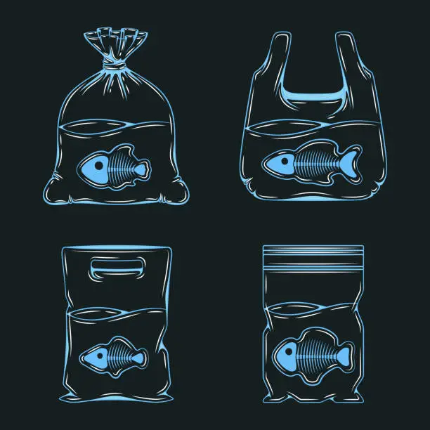 Vector illustration of Set of blue illustrations with shadow from plastic bags, packaging with fish and skeletons. Isolated vector objects.