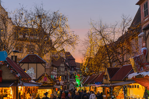 Christmas market at night in Alsace region, France