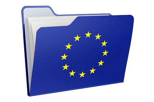 Computer folder icon with The EU flag. 3D rendering isolated on white background