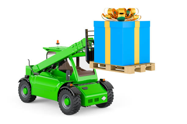 istock Forklift truck with gift box. Gift delivery concept, 3D rendering 1361533948