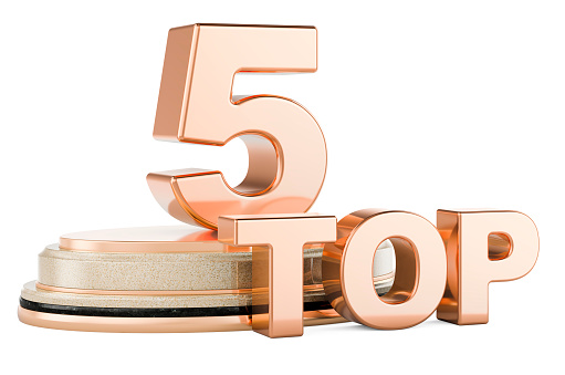 Top 5, podium award. 3D rendering isolated on white background