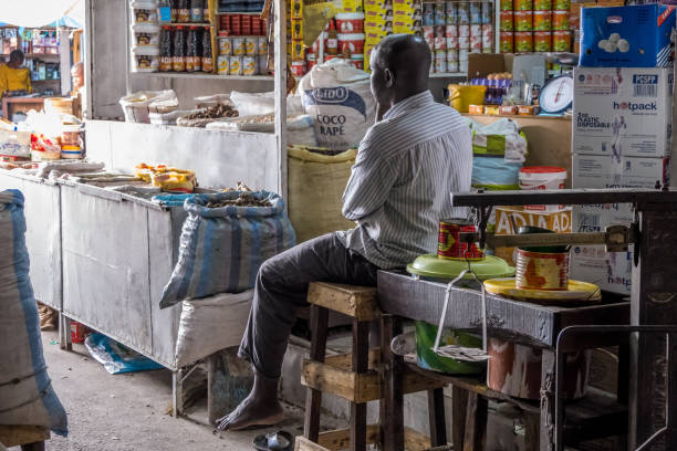 Banjul, The Gambia - June 22, 2019: Grocery stall in Albert Market located in the city center