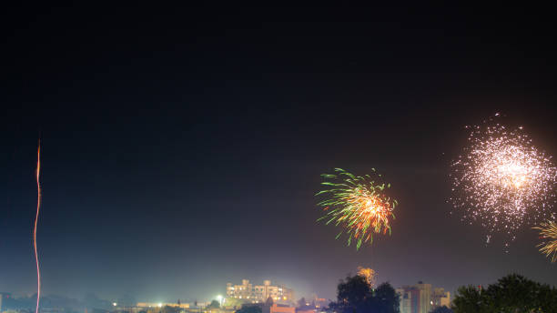 istock Handheld slow motion shot firework in the sky during the new year celebration. Background for new year party. Shining fireworks with bokeh. New year's eve firework celebration. 1361543451