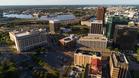 Aerial panoramic view of the business and administrative district of Downtown Norfolk, Virginia.