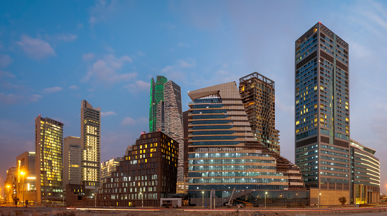 View of the corporate and residential skyscrapers of Canary Wharf