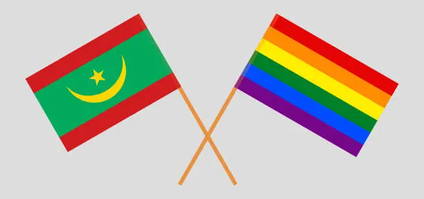 Vector illustration of Crossed flags of Mauritania and LGBTQ. Official colors. Correct proportion