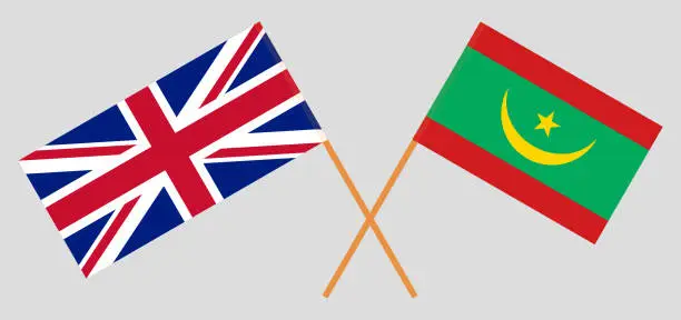 Vector illustration of Crossed flags of the UK and Mauritania. Official colors. Correct proportion