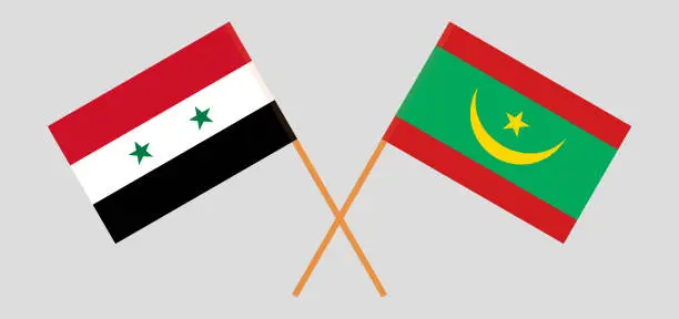 Vector illustration of Crossed flags of Syria and Mauritania. Official colors. Correct proportion