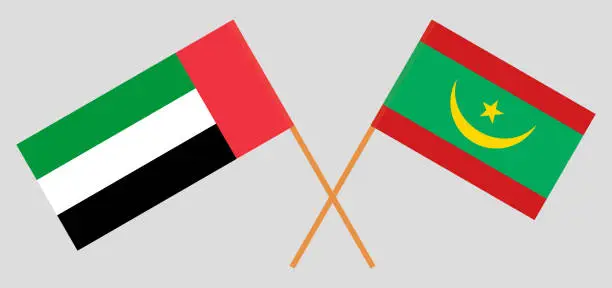 Vector illustration of Crossed flags of the United Arab Emirates and Mauritania. Official colors. Correct proportion