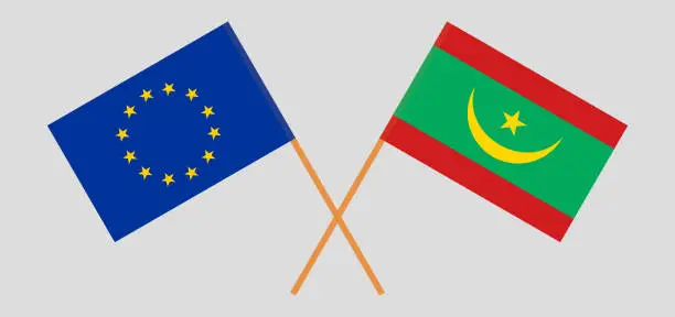 Vector illustration of Crossed flags of the EU and Mauritania. Official colors. Correct proportion