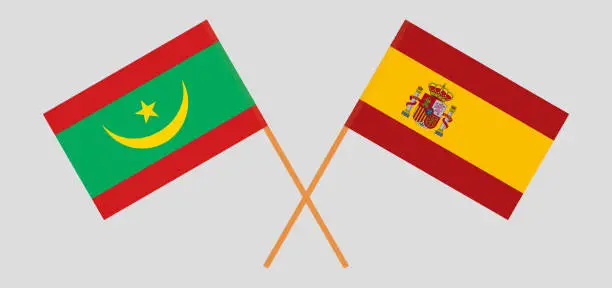 Vector illustration of Crossed flags of Mauritania and Spain. Official colors. Correct proportion