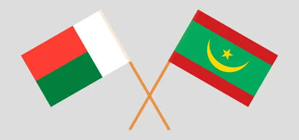 Vector illustration of Crossed flags of Madagascar and Mauritania. Official colors. Correct proportion