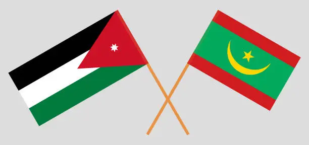 Vector illustration of Crossed flags of Jordan and Mauritania. Official colors. Correct proportion