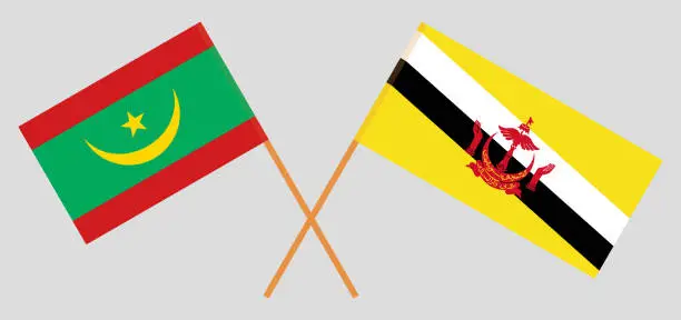 Vector illustration of Crossed flags of Mauritania and Brunei. Official colors. Correct proportion