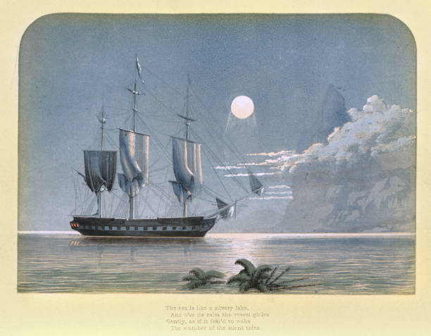 illustrations, cliparts, dessins animés et icônes de voilier apaisé sous une lune argentée, mer, paysage marin, art victorien, 19ème siècle - antique engraved image moonlight night