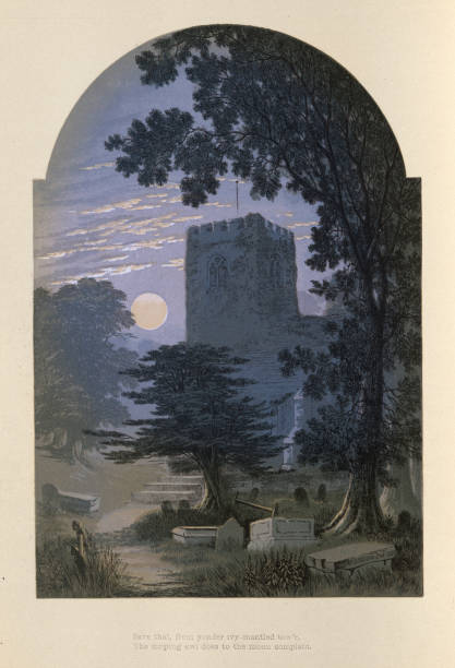 illustrations, cliparts, dessins animés et icônes de pleine lune et clair de lune, église et cimetière, cimetière effrayant, if, art anglais victorien, 19ème siècle - antique engraved image moonlight night