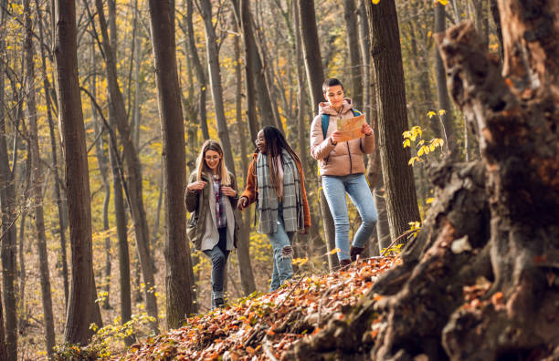 istock Three female friends having fun and enjoying hiking in forest. 1361548091