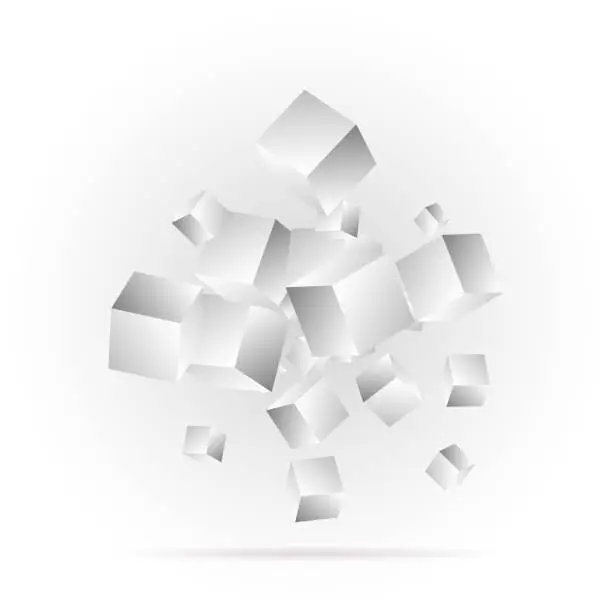 Vector illustration of Many flying cubes on a white background. 3d render illustration. Template for Presentation, advertising banner. Geometric design element. eps 10