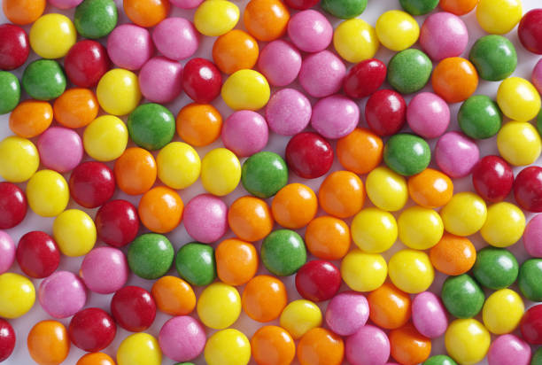 Background of colorful skittles candies, top view