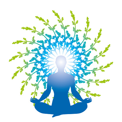 Vector Illustration of a Green Nature Creative Human Body in Meditation Pose with Leaves forming a Mandala over the Head Clip Art Symbol