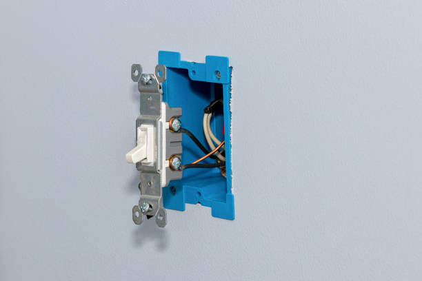 white electrical light switch and wiring in wall. diy home maintenance, remodeling and electricity repair concept. - electrical junction box imagens e fotografias de stock