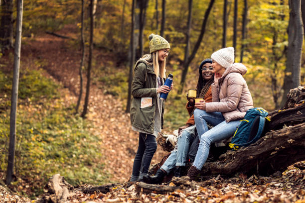 istock Three female friends resting after hiking in forest sitting on collapsed trunk and drinking tea. 1361553958