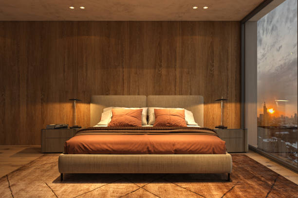 istock Modern luxury beautiful interior with panoramic windows and winter view. design bedroom with bright night lighting and sunset. 3d render illustration. 1361555489