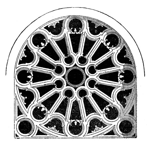 골동품 일러스트: 로즈 윈도우 - window rose window gothic style architecture stock illustrations