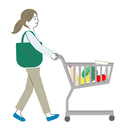 Woman pushing a shopping cart with groceries