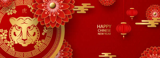 Chinese New Year 2022. Lanterns, flowers and Asian elements. Red background. Translated from Chinese - Happy New Year, Tiger. Chinese New Year 2022. Lanterns, flowers and Asian elements. Red background. Translated from Chinese - Happy New Year, Tiger. Vector wish yuan stock illustrations