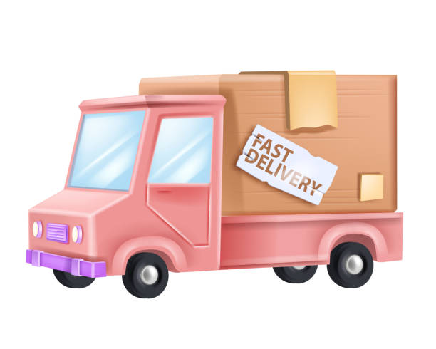 istock 3D delivery car illustration, vector cargo service van, pink truck, cardboard box, fast free shipping. 1361559362