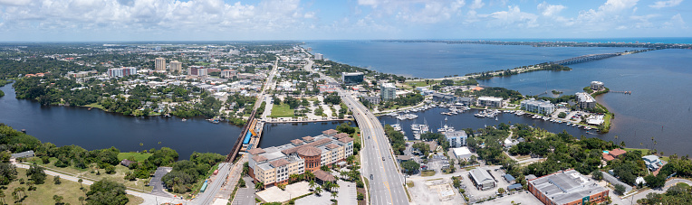 A drone view of the historic downtown of Melbourne Florida from 2021