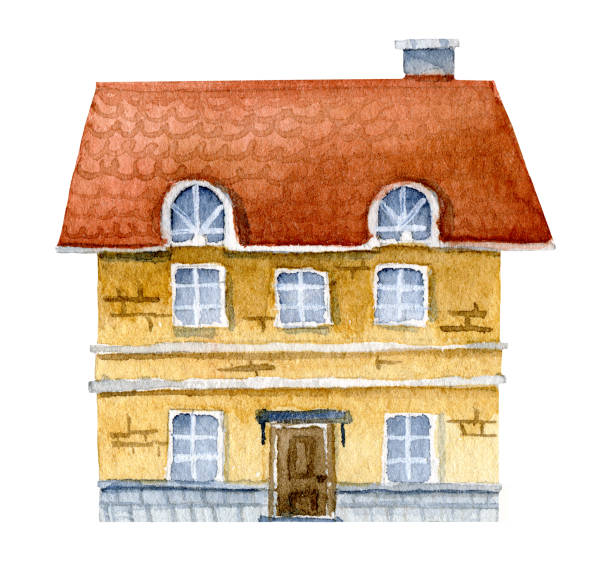 Watercolor old brick House Watercolor old brick House. Hand painted Vintage Cottage on white isolated background. Sketch of country architecture. Drawing for greeting cards or icon watercolor-house stock illustrations