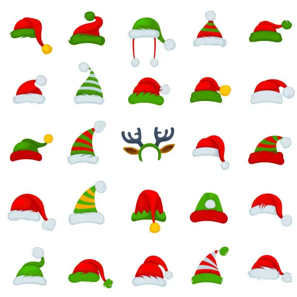 Vector illustration of Christmas hats and head accessories.