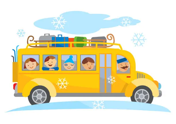 Vector illustration of Winter school bus school trip cartoon.
