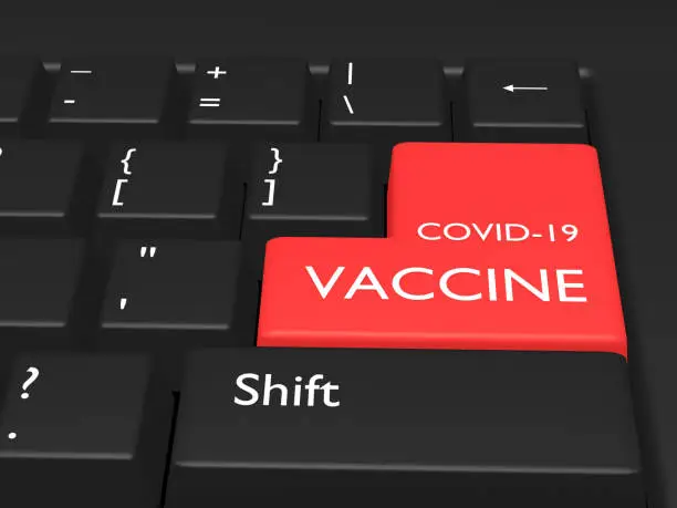Text covid-19 vaccine on computer keyboard. Vaccination coronavirus concept. 3d rendering