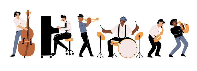 Hand drawn jazz band playing different musical instruments in cartoon doodle style, isolated vector illustration