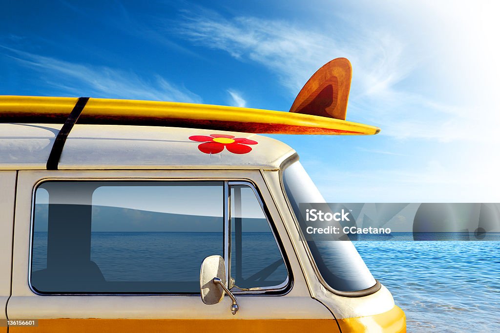 Surf Van Detail of a vintage van in the beach, with a surfboard on the roof. Van - Vehicle Stock Photo