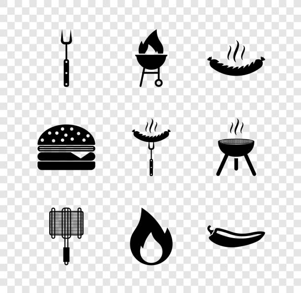 illustrations, cliparts, dessins animés et icônes de réglez la fourchette de barbecue, le gril, la saucisse, la grille en acier, la flamme de feu, la gousse de piment fort, le hamburger et sur l’icône. vecteur - party barbecue grill burning healthcare and medicine