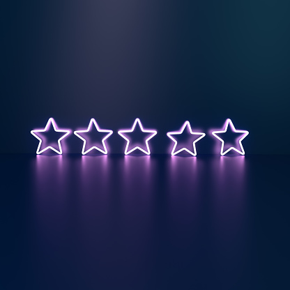 Five stars neon lights against a dark purple wall