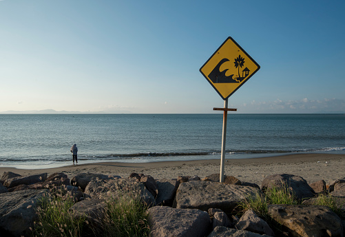 No swimming sign on the beach of Mimizan in South France on the Atlantic Ocean